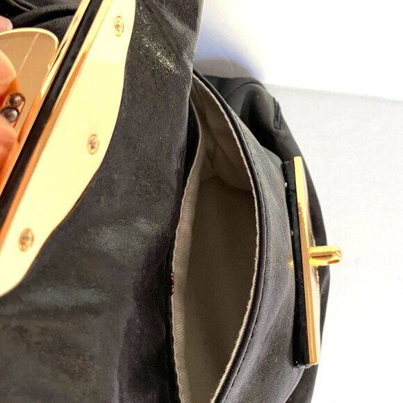 Rough Roses New Genuine Soft Black Leather Large Satchel Bag, Bright Gold Detail - Picture 9 of 11